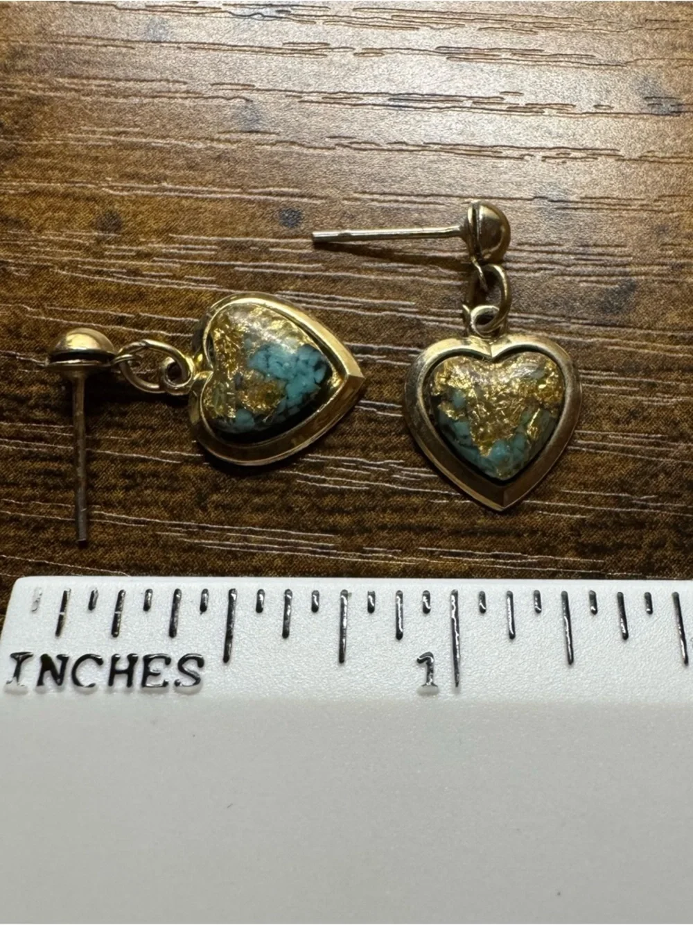 Gold Heart Drop Earrings with Turquoise Inlay